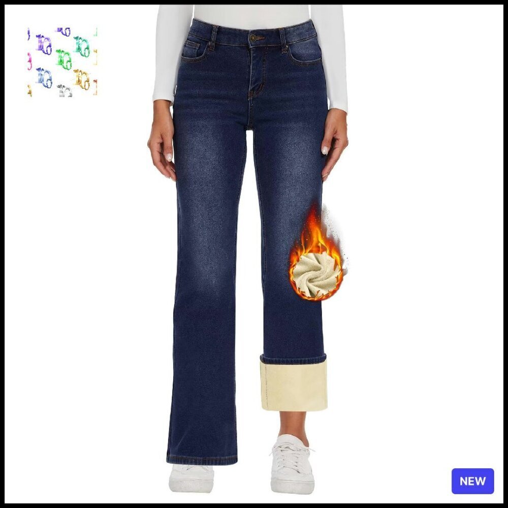 Fleece Lined Wide Leg Jeans High Waisted Winter Warm Baggy Retro Style